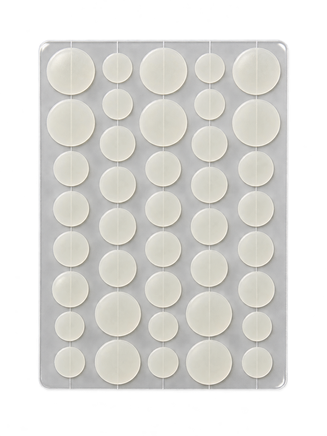 Sheet of 40 clear hydrocolloid patches in small, medium and large sizes