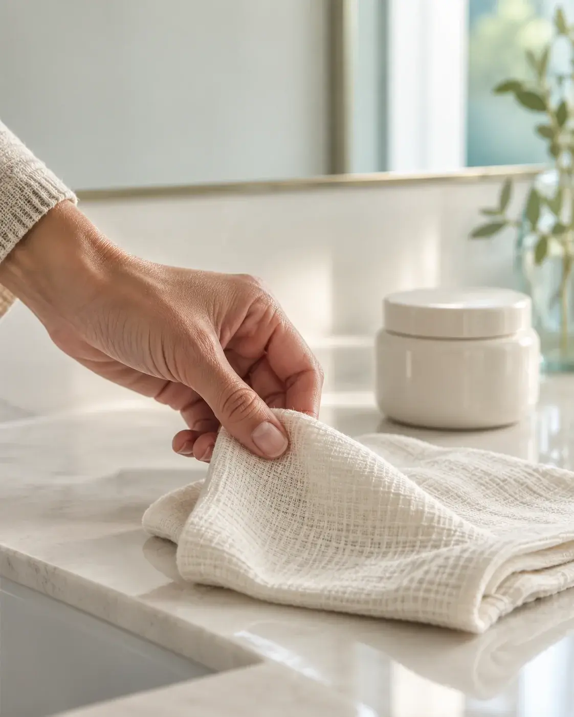 A hand lifting a folded cotton cloth on a bathroom counter beside a ceramic jar