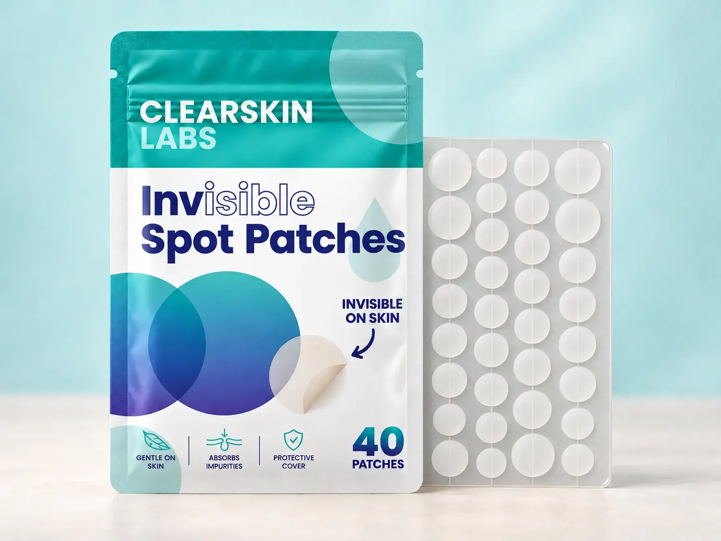 ClearSkin Labs Invisible Spot Patches 40 Count pouch beside a sheet of 40 clear hydrocolloid patches