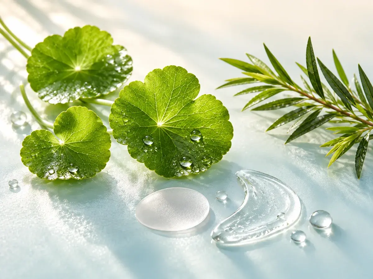 Centella leaves, a tea tree sprig, a translucent hydrocolloid patch and a swipe of clear gel on a pale blue surface