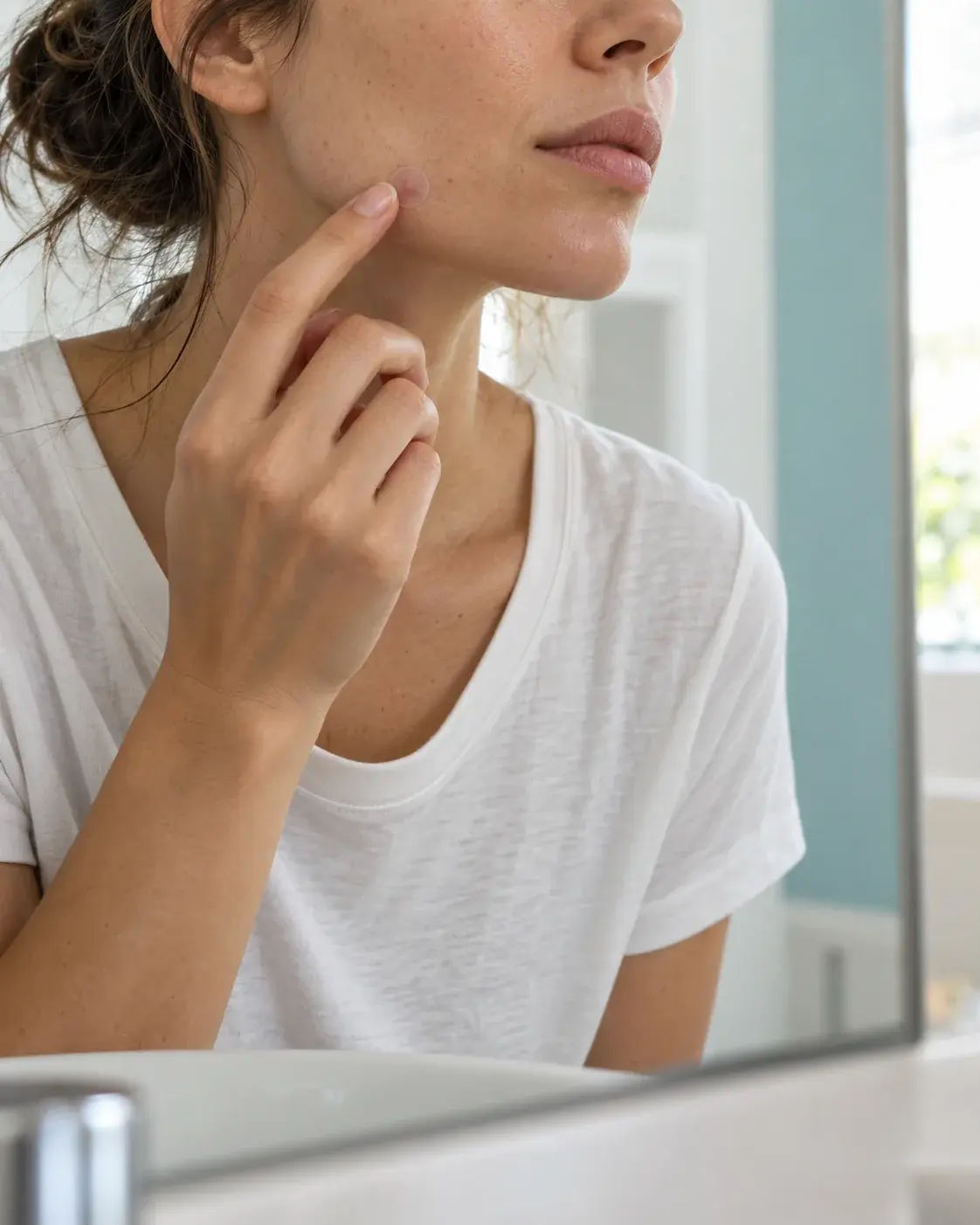 A woman touching a translucent spot patch on her cheek in a bathroom