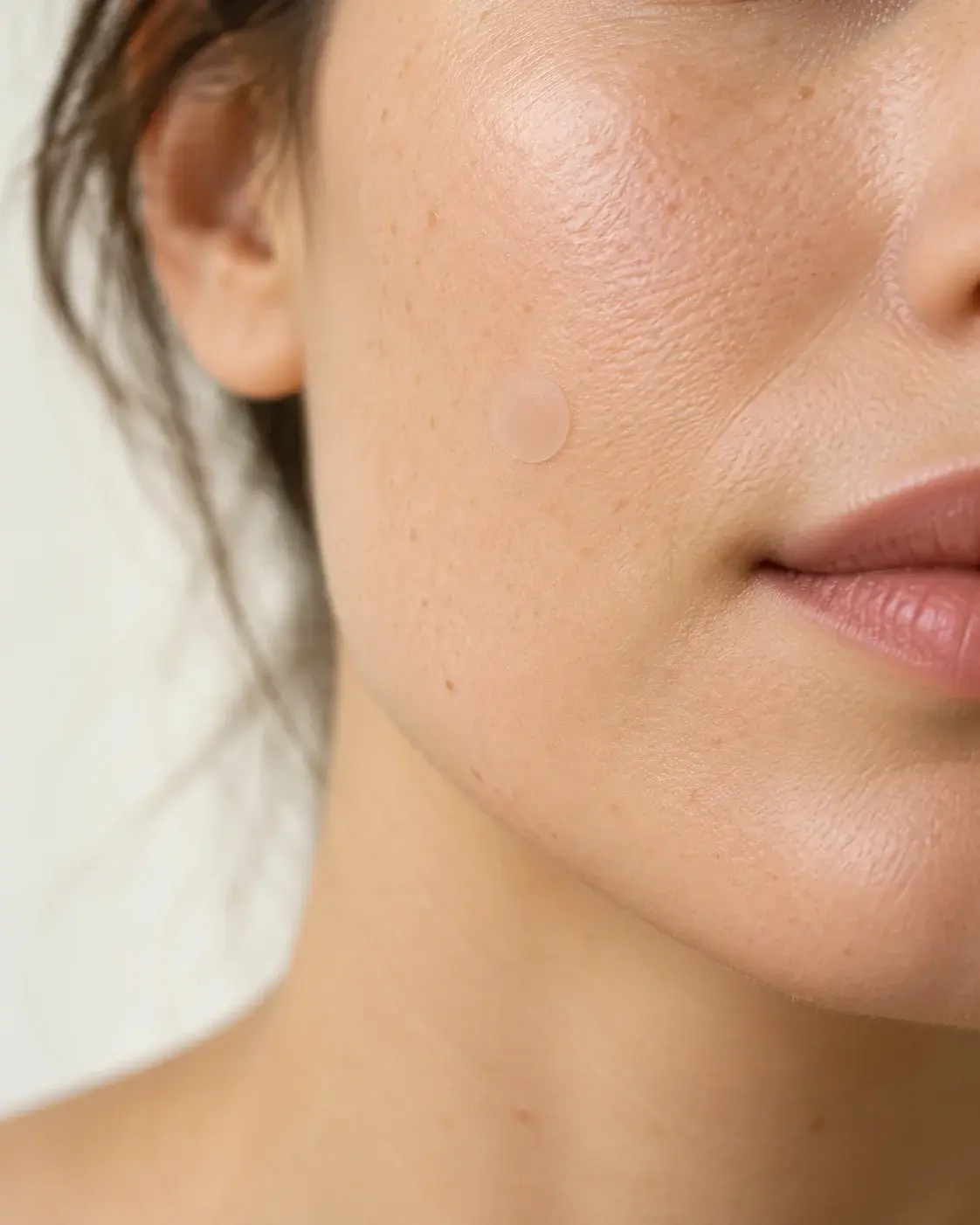 Close-up photograph of a translucent ClearSkin Labs spot patch worn on a woman's cheek in natural daylight