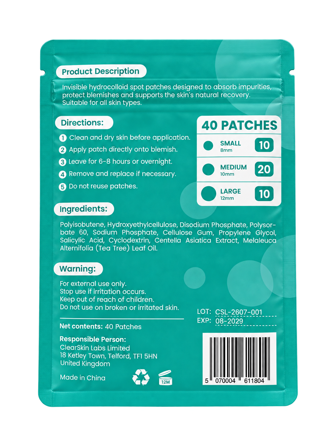ClearSkin Labs Invisible Spot Patches 40 Count pouch, back, showing directions, ingredients and patch sizes